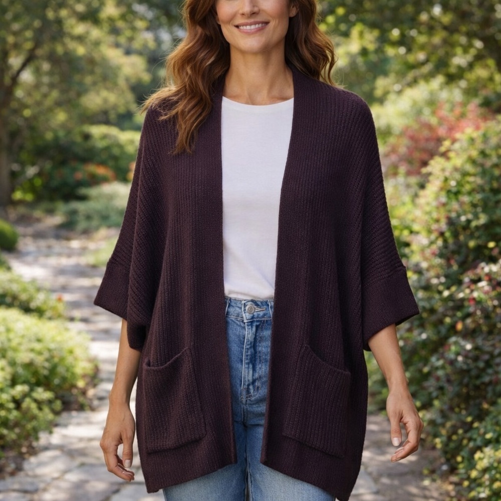 Wooden Ships Plum Purple Open Knit Wool Blend Cardigan Sweater Size Small/Medium